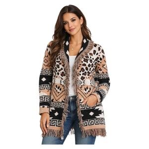 Sabrina Lauren Tribal Fringe Open Cardigan Sweater Women Large Boho Southwestern